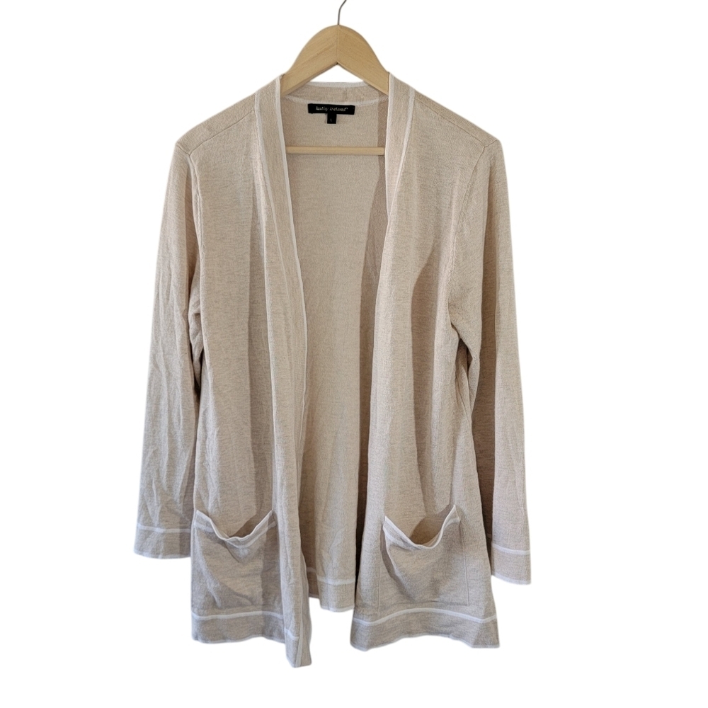 Kathy Ireland Nude Open Front Cardigan Sz L Pocket Minimalist Old Money Cozy